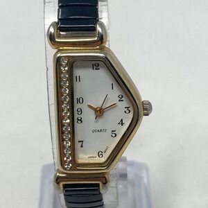Asymmetric Watch Women Gold Tone Crystals Bling Stretch Band New Battery 6.25"